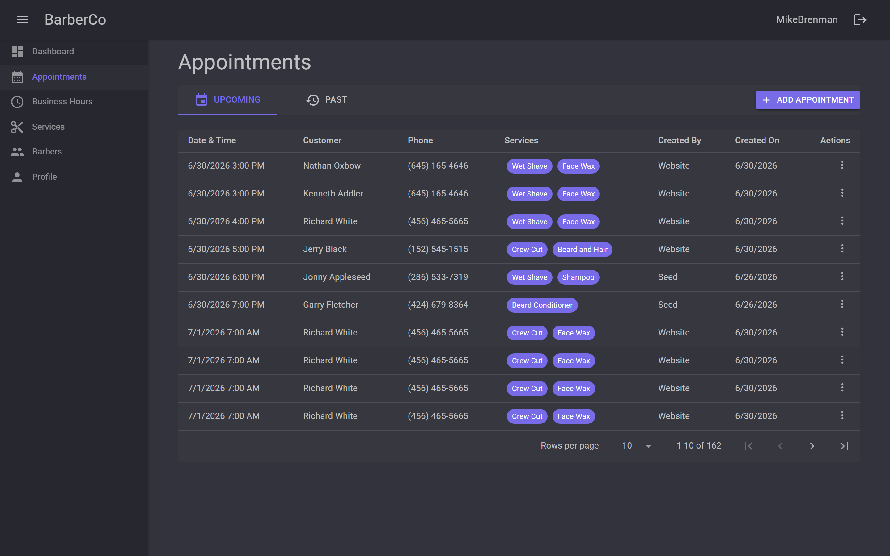 BarberCo.Management appointments table